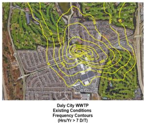 An air dispersion model showing odor impacts across a map